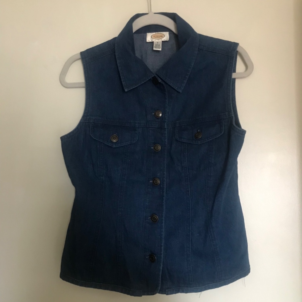 Talbots denim vest Small Petite PS SP trucker style dark indigo classic western
